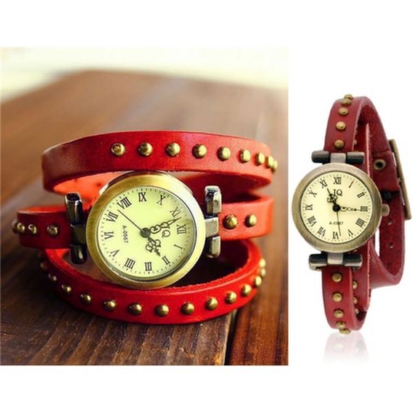 Rivet Decorado Três Loops couro Pulseira